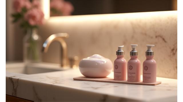 高級ホテルの洗練されたスパのバスルームに、桜のエッセンスをイメージさせるデザインの高級アメニティが美しくディスプレイされている。