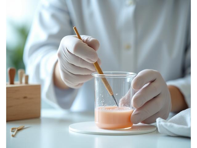 熟練の職人が精緻な秤とガラス器具を使い、慎重に化粧品の原料を計量・混合している様子。清潔で明るい研究室で、集中して作業に取り組む職人の手元を写したクローズアップショット