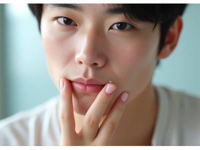 男性が化粧水を手に取り、肌に優しくなじませる瞬間。爽やかさと潤いのイメージ。