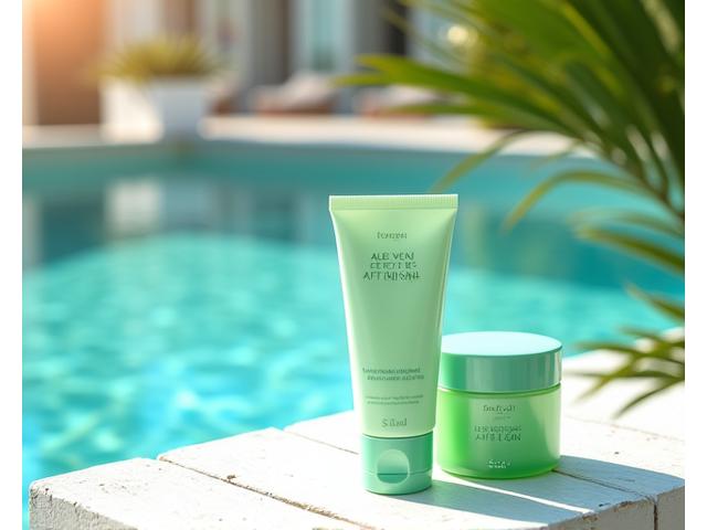 リゾートホテルのプールサイドに、日焼け後の肌を優しくケアするためのアロエベラ配合のジェルやローションが置かれている。